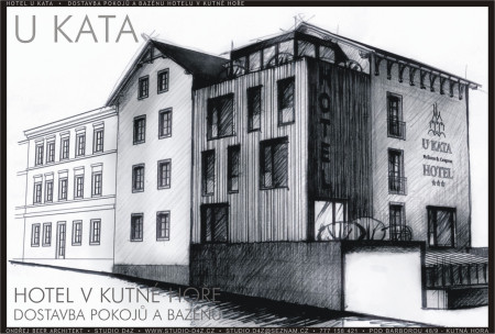 HOTEL U KATA - Kutná Hora | Vytváření městotvorného nároží. Přístavba tří pater pokojů, bazénu v suterénu a wellnes provozu. Varianta s prosklenou hlavou přístavby s vířivkou a saunou s výhledem na město.